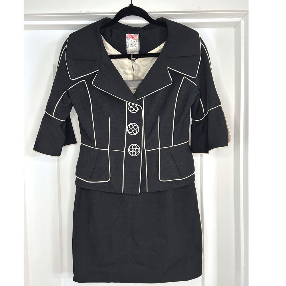 Yoana Baraschi Black White Piping Skirt Suit Set Blazer Pencil Skirt Size 4 Y2K